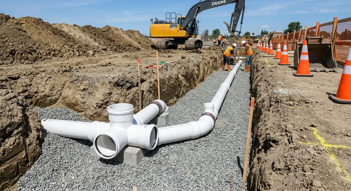 New PVC sewer pipe installation in open trench for Sewer Backup in Tampa