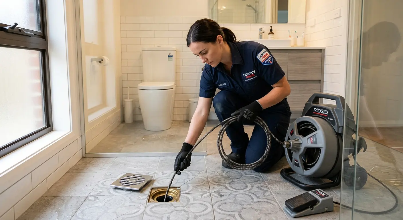 Technician clearing a bathroom floor drain for Drain Cleaning in Tampa